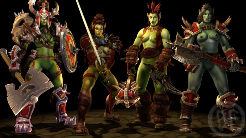 2023 3d 3d_(artwork) 4girls artist_logo axe black_hair breasts brother_fuzzman brown_hair dagger female female_orc green_skin mace nipple_piercing nipples orc orc_(warcraft) orc_female partially_clothed partially_nude red_hair shield sword tusks warcraft weapons world_of_warcraft