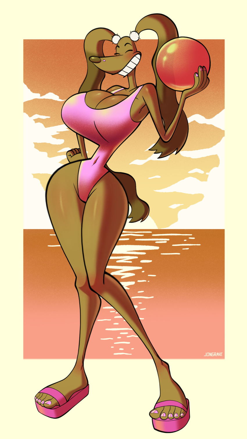 1girls beach belly_button big_breasts brown_fur busty busty_female canine child_bearing_hips clouds comfysaur ed_(avengedog) furry pink_sandals pink_swimsuit pink_toenails sandals smile solo_female sunset swimsuit tail thighs volleyball