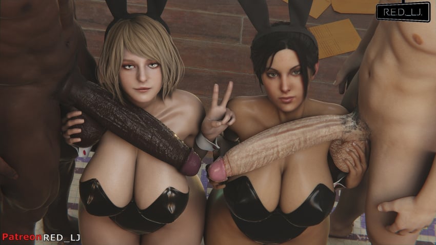 1boy 2girls 3d ashley_graham ashley_graham_(ella_freya) blender_(software) breast bunnysuit capcom cock_worship crossover dark-skinned_male dark_skin eastern_and_western_character female green_eyes huge_penis interracial large_breasts large_penis left_4_dead light-skinned_female light-skinned_male light_skin long_hair male patreon_username peace_sign penis penis_on_breast ponytail red_lj resident_evil resident_evil_4 resident_evil_4_remake tied_hair valve valve_(company) white_skin zoey_(left_4_dead)