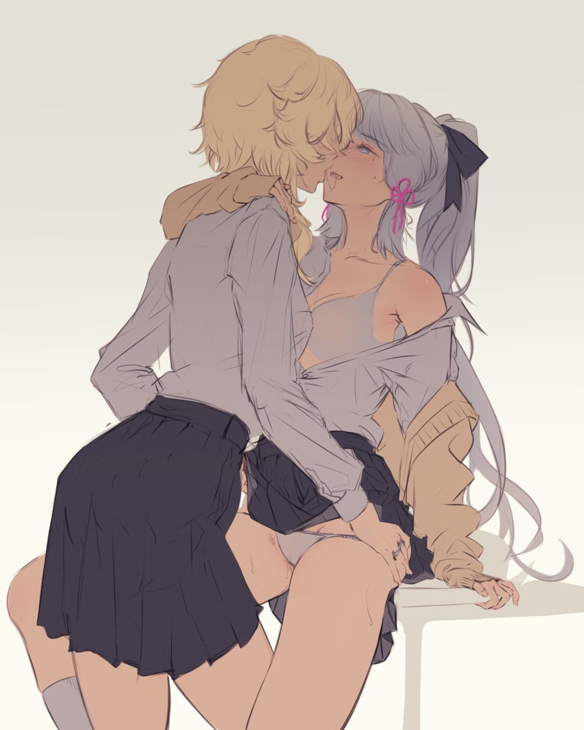 2girls after_kiss arm_around_neck black_ribbon black_skirt blonde_hair blue_eyes blue_hair blush bra brown_cardigan cardigan clothes_lift commentary contemporary genshin_impact grey_background hair_ribbon hand_on_another's_shoulder highres kamisato_ayaka ker0nit0 long_hair long_sleeves looking_at_another lumine_(genshin_impact) multiple_girls open_cardigan open_clothes open_shirt panties panty_pull pleated_skirt pussy_juice ribbon saliva saliva_trail school_uniform shirt short_hair_with_long_locks simple_background sitting skirt skirt_lift sweat underwear white_bra white_panties white_shirt yuri