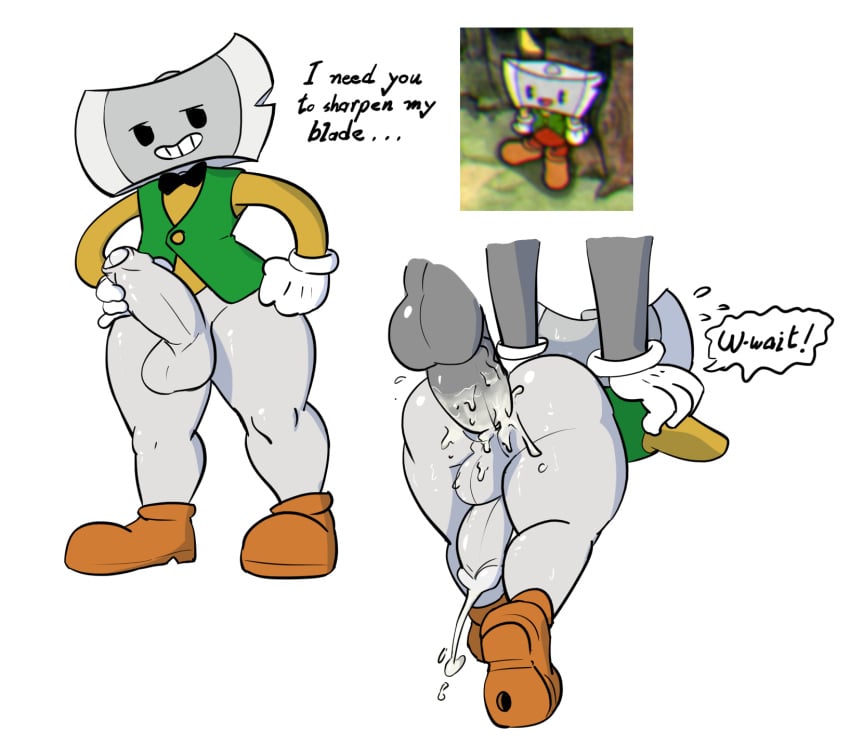 ! ... anal anal_penetration anal_sex animate_inanimate anus artbyyellowdog ass ax axe balls before_and_after black_eyes bottomless bow butt chip_(cuphead) clothed clothing cum cum_in_ass cum_inside cum_on_ass cum_on_balls cum_on_leg cum_on_penis cumshot cuphead_(game) dialogue disembodied_penis ejaculation english_text erection footwear from_behind_position gay gloves holding_penis humanoid instant_loss_2koma looking_at_viewer male melee_weapon object_head orgasm penetration penis presenting presenting_anus presenting_hindquarters sex shirt shoes smile solo solo_focus standing teeth text thick_penis thick_thighs uncut vein veiny_penis video_games weapon yaoi