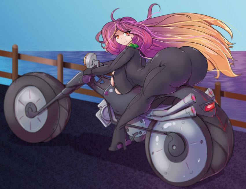 ahoge antenna_hair ass big big_ass big_breasts biker_clothes bimbo black_bodysuit bodysuit breasts coast female fence floating_hair gigantic_ass gradient_hair greenm harley_davidson hijiri_byakuren huge_ass huge_breasts large_ass large_breasts latex_suit leather light_brown_hair long_hair messy_hair motorcycle purple_hair riding_motorcycle road sea sitting smile smirk solo tagme thick tight_clothing touhou turbo_byakuren two_tone_hair wheels wooden_fence