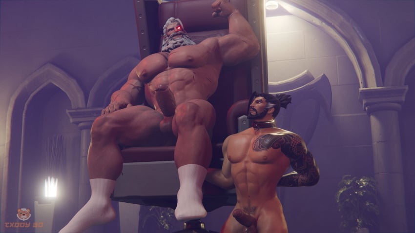 alternate_universe bara bara_tiddies bara_tits blizzard_entertainment collar dom/sub erect erect_penis erection evil_eye hanzo hanzo_shimada indoor_nudity indoors lifting_up male male/male male_only master/slave mature mature_male middle_aged middle_aged_male middle_aged_man old_man older_male overwatch overwatch_2 reinhardt silver_fox tattooed_arm tattooed_male txddy3d veiny veiny_penis