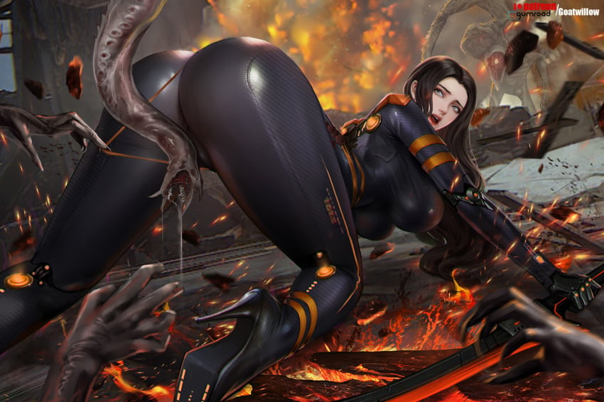 ass ass_focus black_hair bodysuit breasts clothed defeated female fully_clothed goatwillow hanging_breasts heels high_heels imminent_rape monster naytiba_(stellar_blade) shocked skin_tight stellar_blade tachy_(stellar_blade) techwear tight_clothing