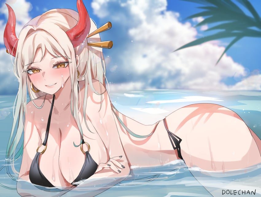 1girls ass beach bikini black_bikini black_swimsuit blue_hair breasts brown_eyes clouds dolechan earrings female female_only hair_ornament hoop_earrings horns in_water large_breasts looking_at_viewer midriff multicolored_hair o-ring o-ring_bikini o-ring_swimsuit ocean one_piece outside painted_fingernails palm_tree ponytail side-tie_bikini side-tie_swimsuit sky swimsuit water white_hair yamato_(one_piece)