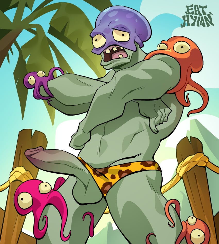 1boy abs balls biceps crossed_arms detailed detailed_background eat_hymn erection male male_only muscular muscular_male octo_zombie_(pvz) octopus palm_tree penis penis_through_leghole penis_through_underwear plants_vs_zombies plants_vs_zombies_2:_it's_about_time uncut undead underwear zombie