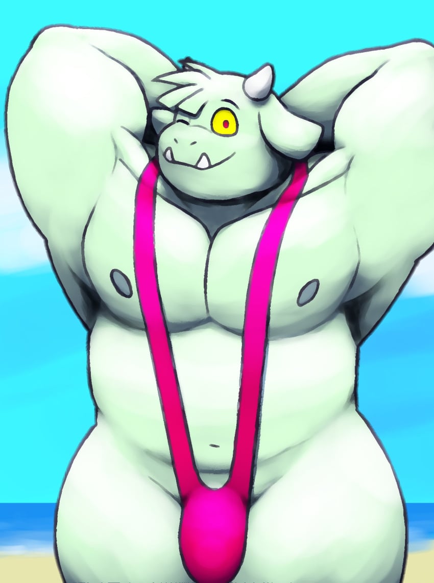 amane_charlie anthro beach biceps bovid bulge caprine enfer_belial flexing fur genitals goat grey_body grey_fur hi_res horn kings_of_hell male male_only mammal mankini muscular muscular_anthro muscular_male navel one_eye_closed pecs penis penis_base pose red_eyes smile solo tusks wink yellow_sclera