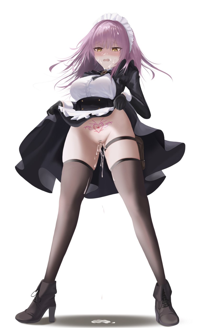 absurdres apron azur_lane bar_censor black_gloves black_thighhighs blush breasts brown_footwear censored cheems clothes_lift cum cum_in_pussy cumdrip devonshire_(azur_lane) dress dress_lift facial female full_body gloves hands_up high_heels highres holster long_sleeves looking_at_viewer maid maid_headdress medium_breasts medium_hair pubic_tattoo purple_hair pussy_juice simple_background skindentation solo standing tattoo taut_clothes thigh_holster thighhighs wavy_mouth white_apron white_background yellow_eyes