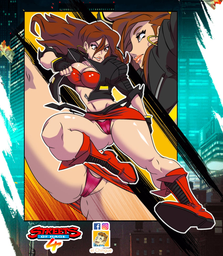 1girls ass_visible_through_thighs belt blaze_fielding boots breasts brown_hair cameltoe cleavage earrings elchingue fingerless_gloves jacket lipstick panties sega skirt streets_of_rage streets_of_rage_4 thick_thighs thighs upskirt