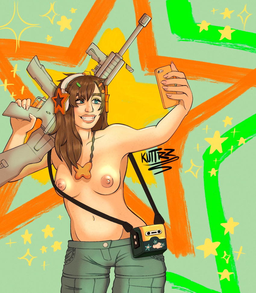 2024 2d_(artwork) blue_eyes breasts brown_hair brown_hair epic_games fortnite fortnite:_battle_royale gun kuttrz partially_clothed pink_nipples pj_(fortnite) selfie smile topless