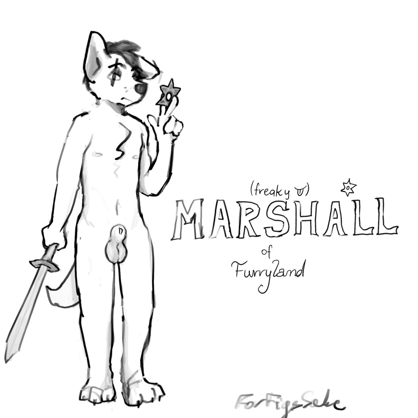 animal_genitalia anthro danny_smoke_in_furry_land eye_scar facial_scar flaccid forfigssake_(artist) genitals hi_res looking_at_viewer male marshall(danny_smoke_in_furry_land) marshall_the_wolf melee_weapon naked name_drop nipples nude penis ranged_weapon scar sheath shuriken solo sword weapon