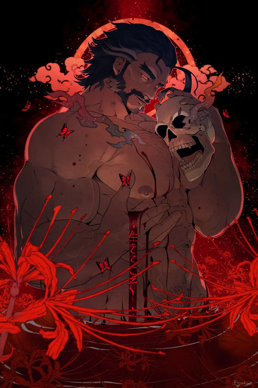 1boy abs artistic bara bara_tiddies bara_tits barazoku beard biceps big_pecs black_hair blood butterfly daddy daikoku_(tokyo_afterschool_summoners) dilf elegant gay japanese_text male male_only manly mature_male muscle muscles muscular muscular_male red_eyes rybiok seducing seductive seductive_eyes seductive_gaze seductive_look seductive_mouth seductive_pose seductive_smile skull solo solo_focus solo_male tokyo_afterschool_summoners