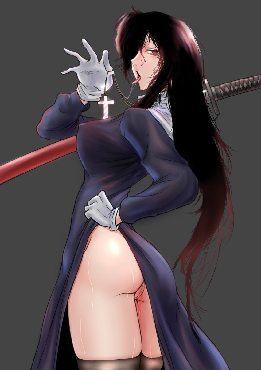 black_hair female female_only hellsing iamyourkumasan katana pussy red_eyes revealing_outfit robe yumie_takagi