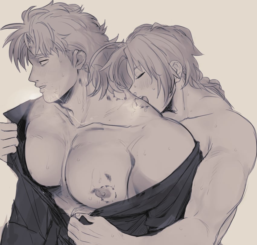 2boys abuto age_difference assisted_exposure big_pecs bite_mark bite_marks blush facial_hair gay gintama hickey hickey_marks kamui_(gintama) long_hair long_hair_male male male_only monochrome muscular muscular_male off_shoulder open_shirt ottori pecs profile stubble sweat upper_body yaoi