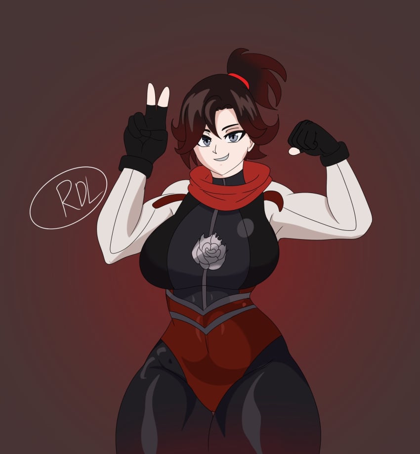 dc_comics flexing justice_league_x_rwby:_super_heroes_and_huntsmen peace_sign ponytail pose rdl reddragonlust rooster_teeth ruby_rose rwby silver_eyes skin_tight solo solo_female solo_focus