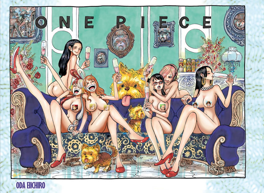 6girls boa_hancock female female_focus female_only girls_only hancock laugh laughing multiple_girls nami nami_(one_piece) nico_robin nude_female nude_filter one_piece reiju tashigi third-party_edit tongue tongue_out uta_(one_piece) vinsmoke_reiju wine wine_glass