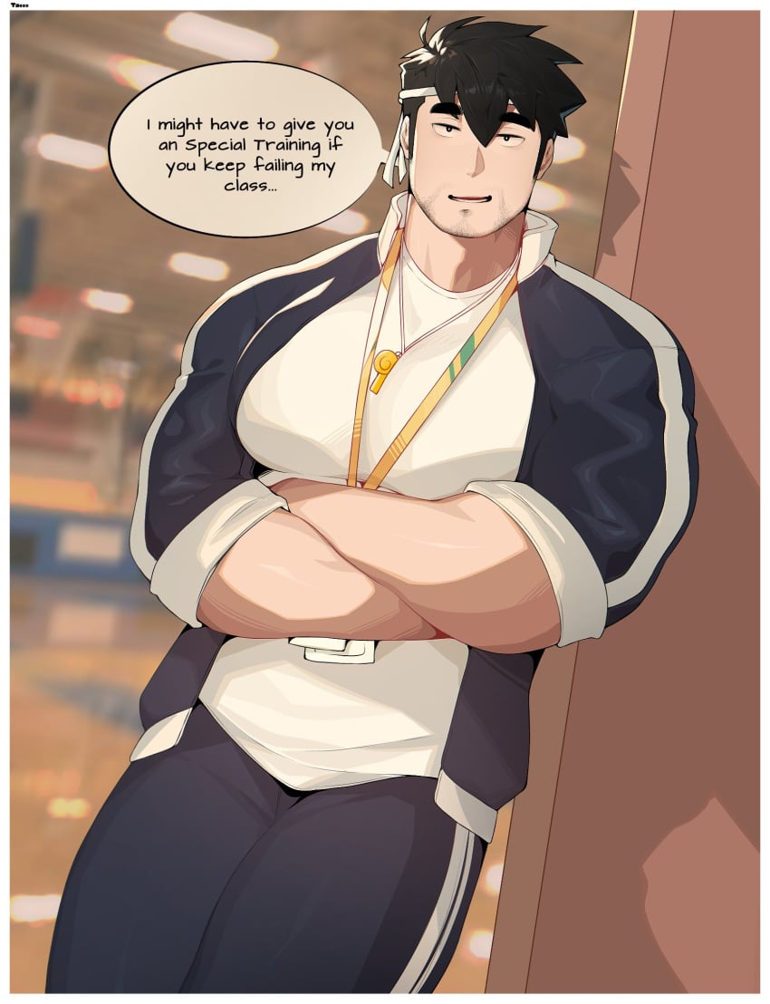 1boy abs bara clothed clothing coach dilf english english_text imminent_sex inviting looking_at_viewer male muscular muscular_male pecs pov pov_eye_contact solo solo_male tacco talking_to_viewer train