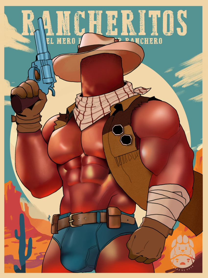 1boy abs anthro bandage belt briefs bulge clothing cowboy cowboy_hat firearm gloves gun handgun humanoid jacket male male_only mexican moobs muscular muscular_male pecs penis_bulge rancheritos red_body revolver tacos_de_yuca weapon