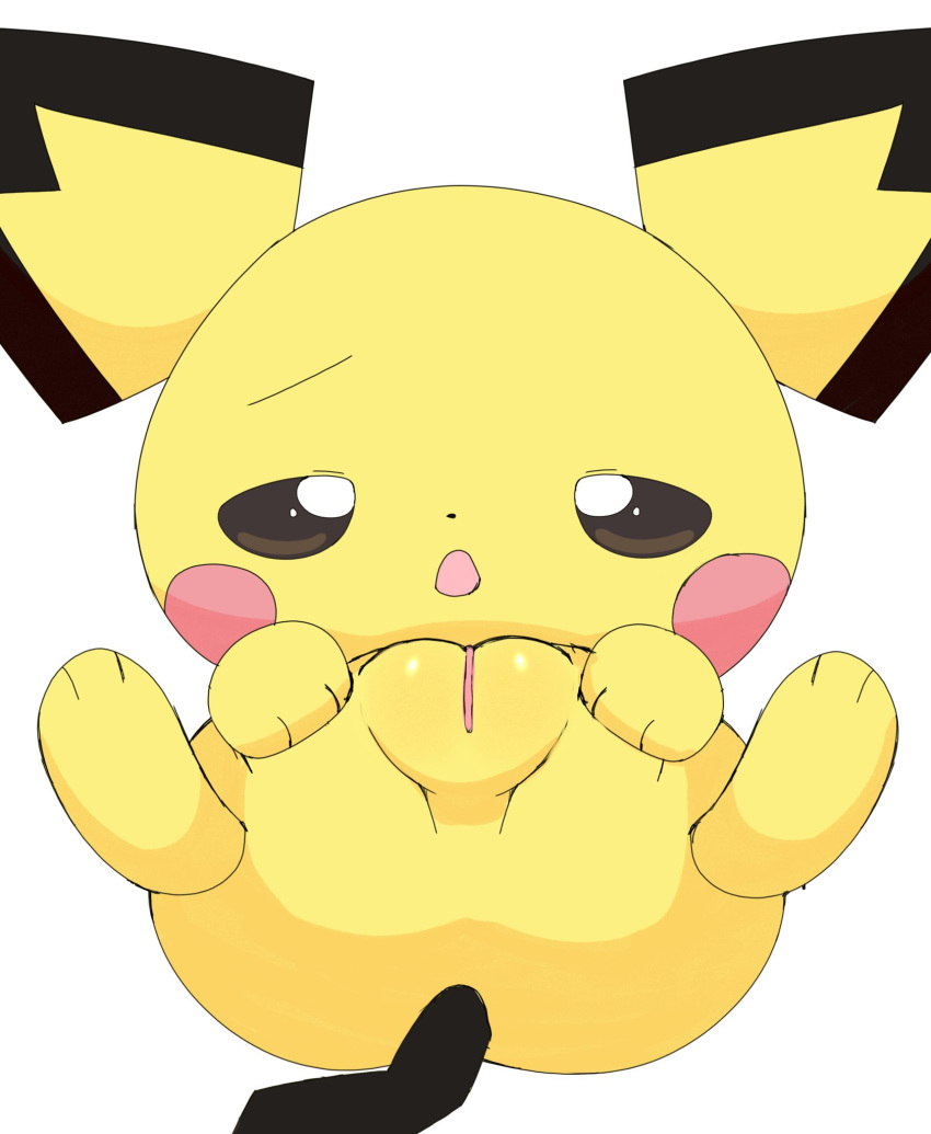 azuo female feral fur generation_2_pokemon genitals half-closed_eyes hi_res narrowed_eyes nintendo pichu plump_labia pokemon pokemon_(species) presenting presenting_pussy pussy simple_background solo white_background yellow_body yellow_fur