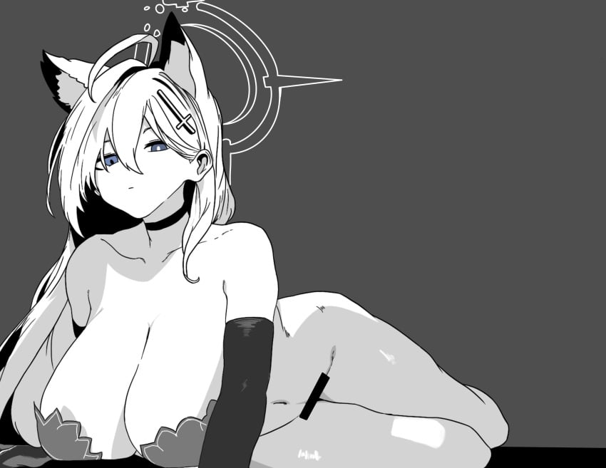 absurdres black_choker blue_archive bra choker greyscale highres hoshinong monochrome nude shiroko_(blue_archive) shiroko_(terror)_(blue_archive) underwear