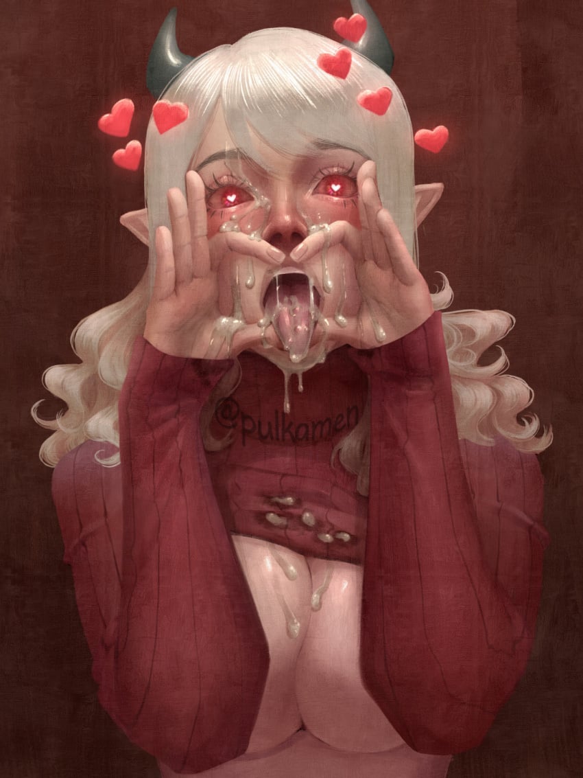 black_horns blush breasts clothes_lift cum cum_in_mouth cum_on_body cum_on_breasts cum_on_clothes demon demon_girl demon_horns facial female hand_on_own_face heart heart-shaped_pupils helltaker highres horns long_hair looking_at_viewer modeus_(helltaker) open_mouth pointy_ears pulkamen red_background red_eyes red_sweater sweater sweater_lift symbol-shaped_pupils tongue tongue_out white_hair