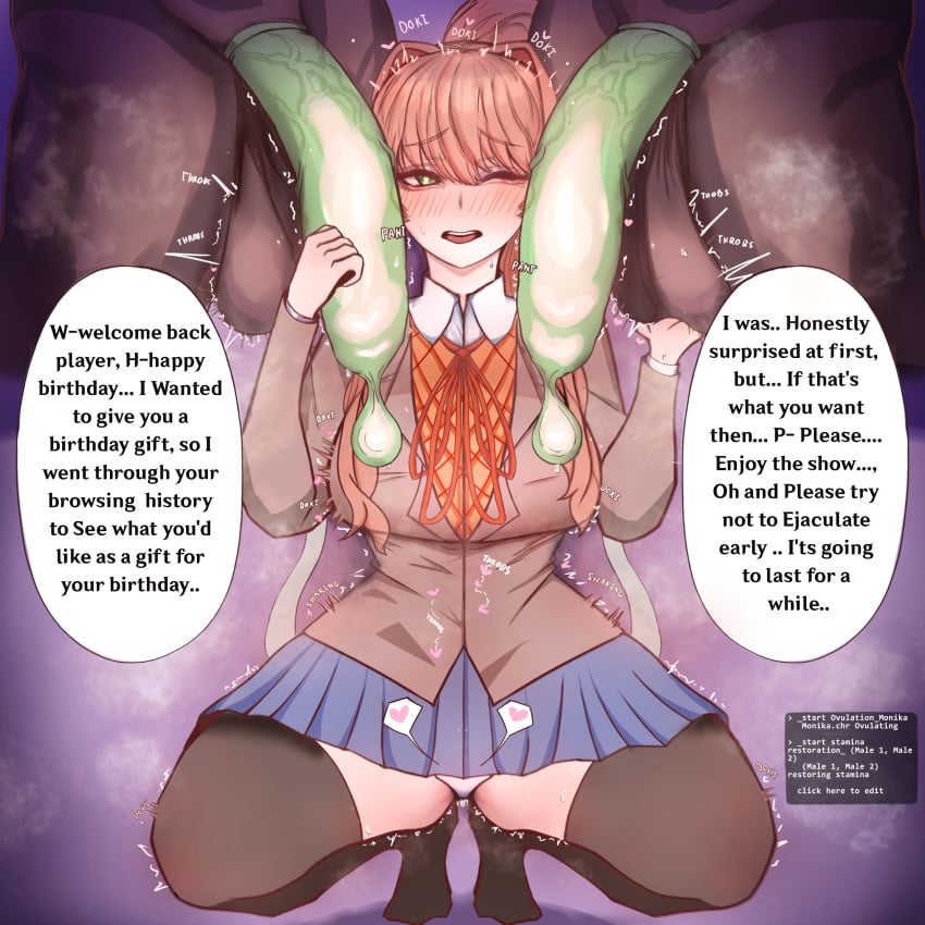 1girls 2boys ball_fondling before_sex big_balls big_penis blush breasts breath cheating clothed_female_nude_male condom condom_on_penis cuckold cuckolding dark-skinned_male dark_skin doki_doki_literature_club english_text filled_condom heart huge_balls huge_cock imminent_sex interracial kinkylingky large_penis light-skinned_female light_skin long_hair looking_at_viewer monika_(doki_doki_literature_club) netorare one_eye_closed penis skirt speech_bubble squatting text thighhighs uncensored uniform