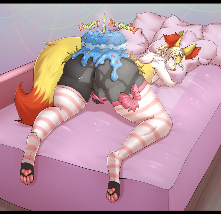 1boy anthro anus ass balls bed big_butt birthday_cake braixen cake candle clothing dessert femboy food furniture furry generation_6_pokemon genitals girly hi_res inner_ear_fluff legwear looking_back male male_braixen male_only nintendo pillow pokemon pokemon_(species) selles solo thigh_highs tuft