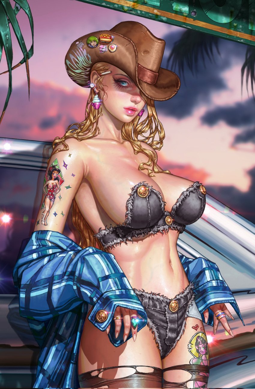 1girls blonde_hair cigarette cleavage cowboy_hat denim denim_clothing hat kyuyong_eom large_breasts tattoo