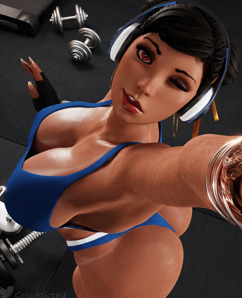 1girls 3d abs ass big_ass big_breasts breasts caladdicted capcom chun-li dat_ass female female_focus female_only fit fit_female gym headphones huge_ass muscular muscular_female selfie sports_bra street_fighter tan_body tan_skin tanline tanlines tanned thick_thighs thong