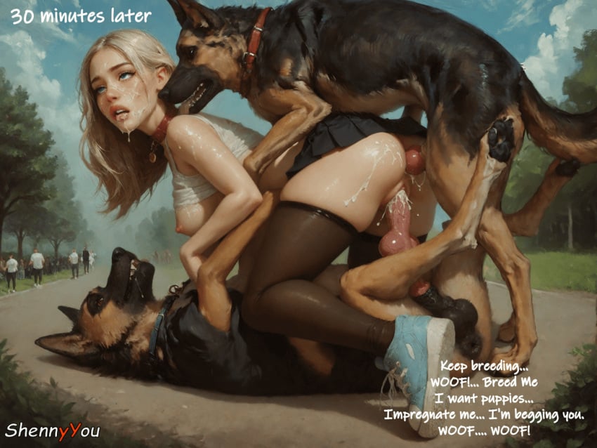 ai_generated anal anal_penetration anal_sex animal_penis balls blonde_hair blowjob breeding breeding_request canine canine_penis cum_in_pussy cum_on_ass cum_on_face feral fucked_by_dog impregnation_request knot panties pubic_hair rape shennyyou skirt thighhighs vaginal_penetration vaginal_sex zoophilia