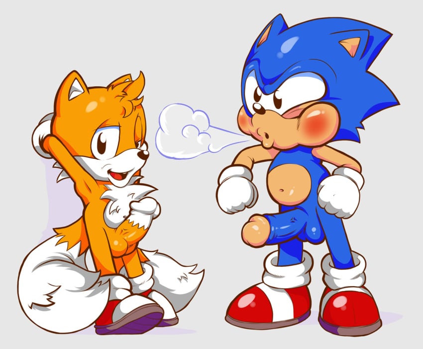 anthro balls blush breath canine chest_tuft clothing cub duo erection footwear fox fur gloves hedgehog looking_at_viewer male mammal navel neokat open_mouth penis shoes simple_background sonic_(series) sonic_the_hedgehog standing tails tuft yaoi young