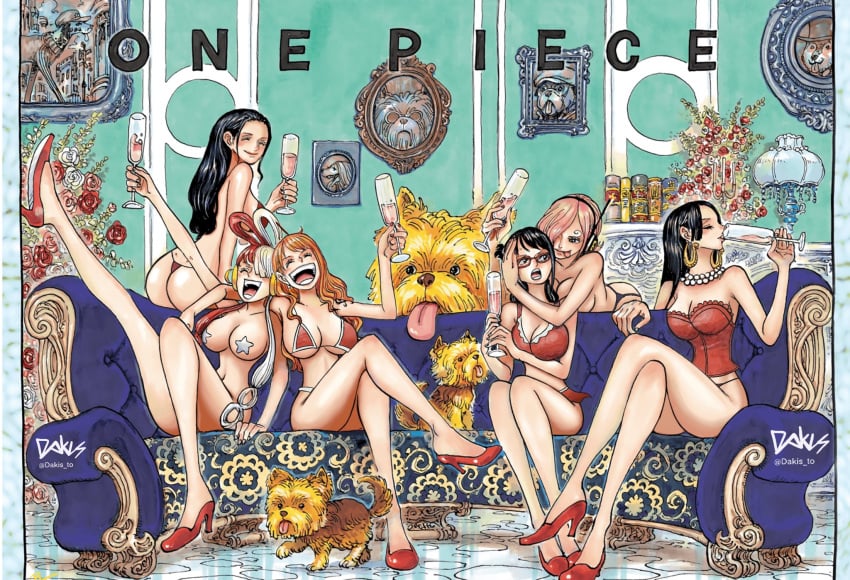 6girls bikini_bottom bikini_top boa_hancock female female_focus female_only girls_only hancock laugh laughing multiple_girls nami nami_(one_piece) nico_robin nude_female one_piece post-timeskip reiju tashigi third-party_edit tongue tongue_out uta_(one_piece) vinsmoke_reiju wine wine_glass