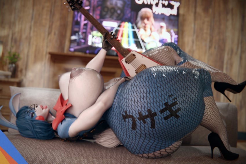 1girls animatronic ass ass_bigger_than_head ass_bigger_than_torso barely_clothed big_ass big_breasts big_butt blue_body blue_hair bonnie_(fnaf) breasts bunny_ears fishnets five_nights_at_freddy's five_nights_at_freddy's_2 glasses guitar guitar_hero high_heels huge_ass huge_butt japanese_text laying_down laying_on_back laying_on_couch sunr4y sunr4y_w0rksh0p toy_bonnie_(fnaf) wide_hips