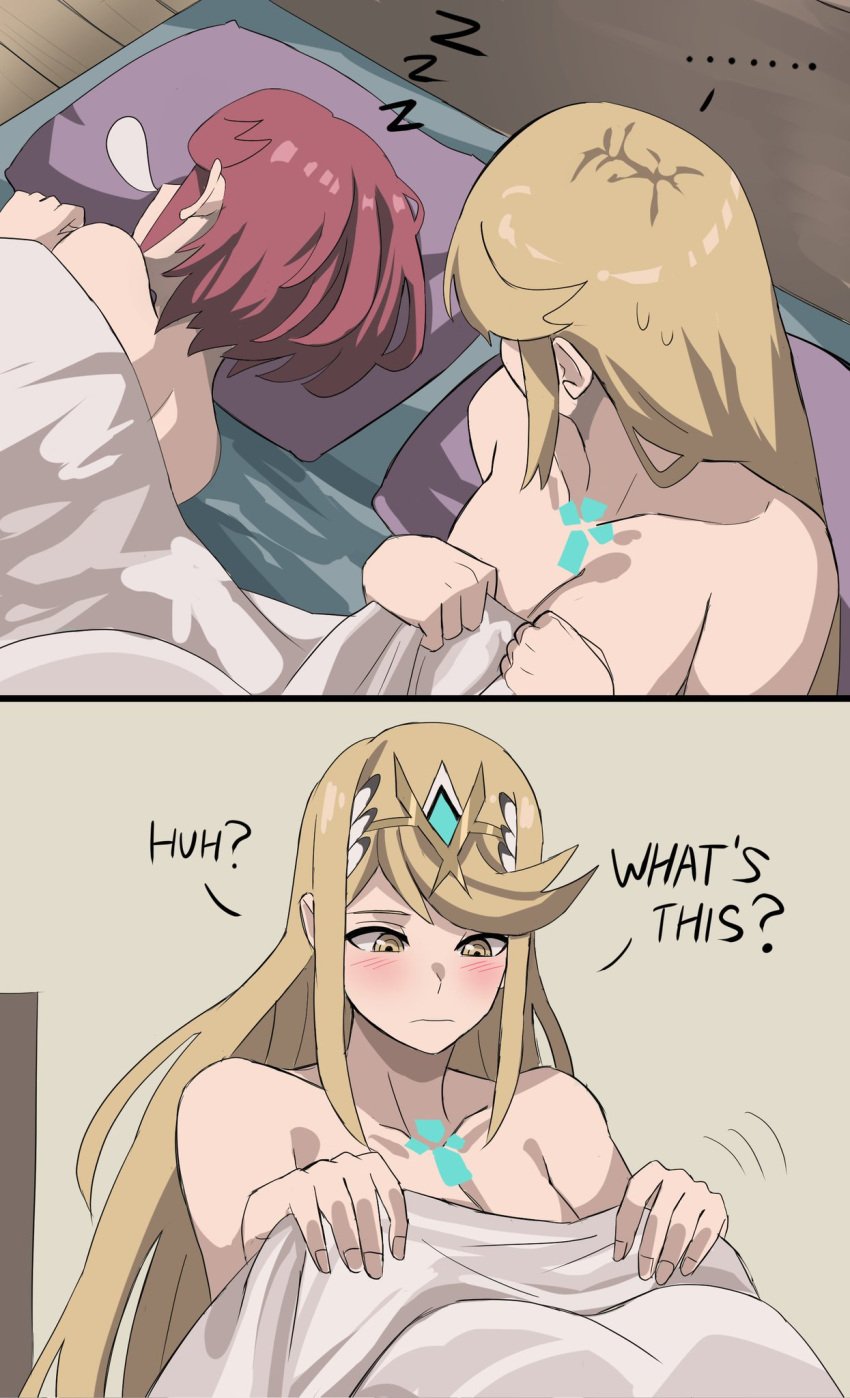 2girls after_sex bed blanket blonde_hair cleavage core_crystal jourd4n mythra nude pyra red_hair selfcest xenoblade_(series) xenoblade_chronicles_2