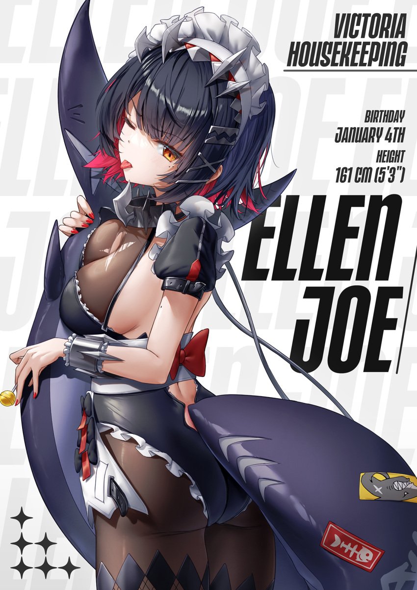 adapted_costume akanbe back black_hair black_leotard black_pantyhose breasts character_name cleavage collar colored_inner_hair commentary cover cowboy_shot ellen_joe english_text eyelid_pull female fins fish_tail from_behind hair_ornament highres holding_own_tail large_breasts leotard looking_at_viewer magazine_cover maid_headdress metal_collar mole mole_under_eye multicolored_hair nail_polish one_eye_closed orange_eyes pantyhose red_hair red_nails see-through_cleavage see-through_clothes shark_girl shark_tail short_hair short_sleeves sideboob sidelocks solo standing tail tongue tongue_out victoria_housekeeping wrist_cuffs xfate zenless_zone_zero