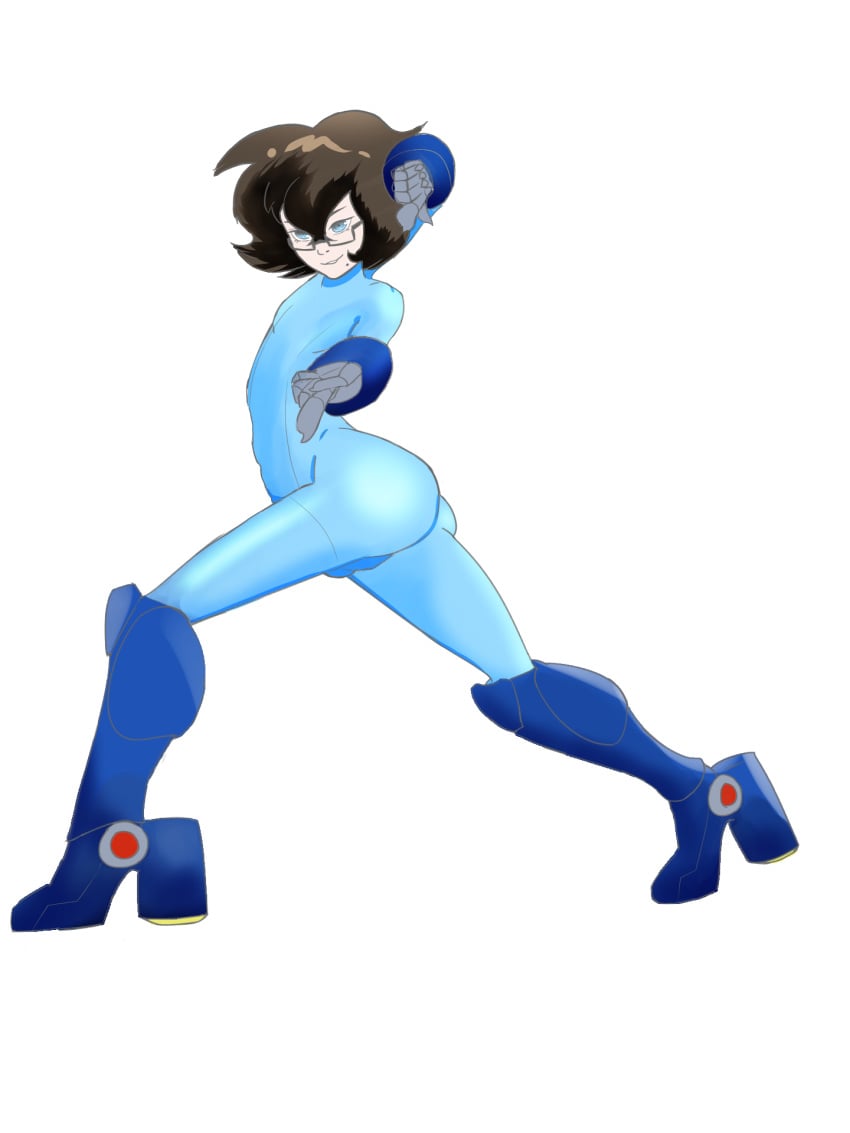 1boy android artist_request ass bayonetta bayonetta_(character) beauty_mark blue_lipstick bodysuit bulge cosplay femboy feminine_male fusion genderswap genderswap_(ftm) glasses heel_boots heel_gun heels high_heels lipstick male_focus male_only mega_man mega_man(classic) mega_man_(character) mega_man_(cosplay) robot rule_63 trap