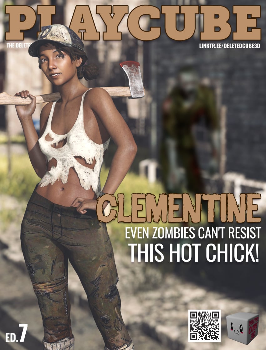 1girls 3d axe baseball_cap brown_eyes brown_hair clementine_(the_walking_dead) clothed clothing cover dark-skinned_female dark_skin deletedcube3d english_text erect_nipples erection_under_clothes female female_only hat headwear high_resolution magazine_cover medium_breasts nipples pants ripped_clothing shirt short_hair text the_walking_dead the_walking_dead_game weapon