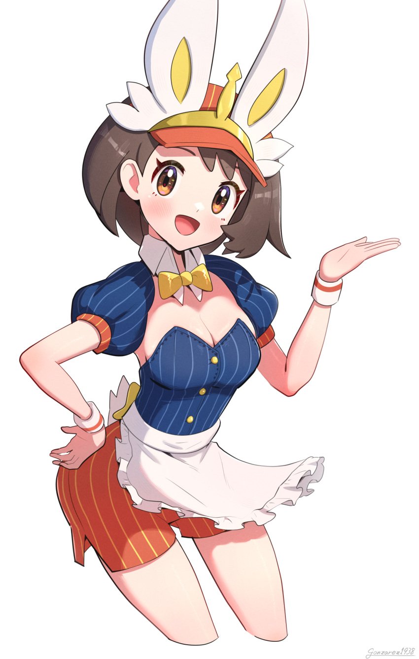 big_breasts blush brown_eyes brown_hair cinderace_(cosplay) cosplay female female_only gloria_(pokemon) gonzarez gonzarez1938 nintendo pokemon pokemon_(cosplay) pokemon_ss solo white_background