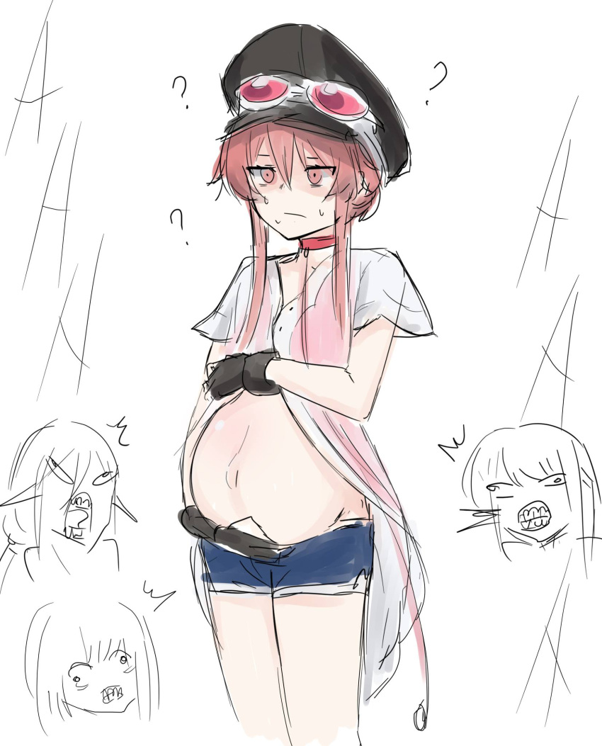 1boy 3girls belly belly_button belly_grab femboy hat male_pregnancy pink_eyes pink_hair pregnant