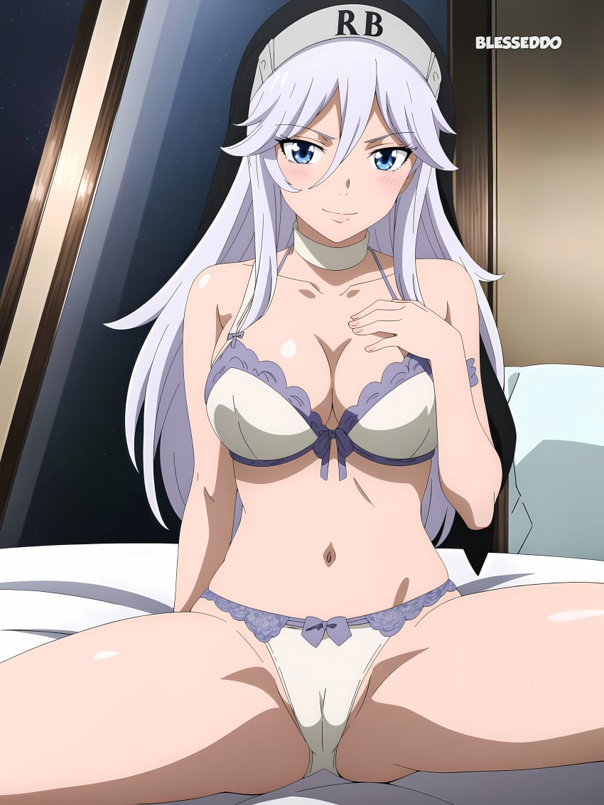 1girls ai_generated big_breasts blesseddo blue_eyes cameltoe cleavage edens_zero legs_apart long_hair looking_at_viewer nun_hat sister_ivry solo spread_legs white_hair