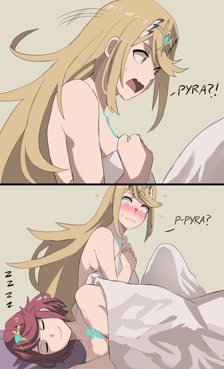 2girls after_sex blanket blonde_hair cleavage core_crystal jourd4n mythra nude pyra red_hair selfcest sleeping smile xenoblade_(series) xenoblade_chronicles_2