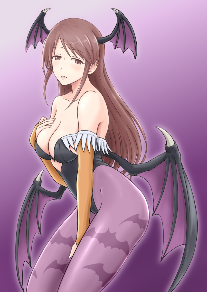 1girls 1mm_(norizo) :o animal_print bat_print bat_wings between_legs big_breasts black_leotard blush breasts brown_eyes brown_hair cleavage collarbone cosplay darkstalkers elbow_gloves female female_only fingerless_gloves gloves gradient_background hand_between_legs hand_on_breast highres idolmaster idolmaster_cinderella_girls large_breasts leotard light_blush long_hair looking_at_viewer mifune_miyu morrigan_aensland morrigan_aensland_(cosplay) off-shoulder_leotard off_shoulder open_mouth pantyhose purple_pantyhose sidelocks solo vampire_(game) wings