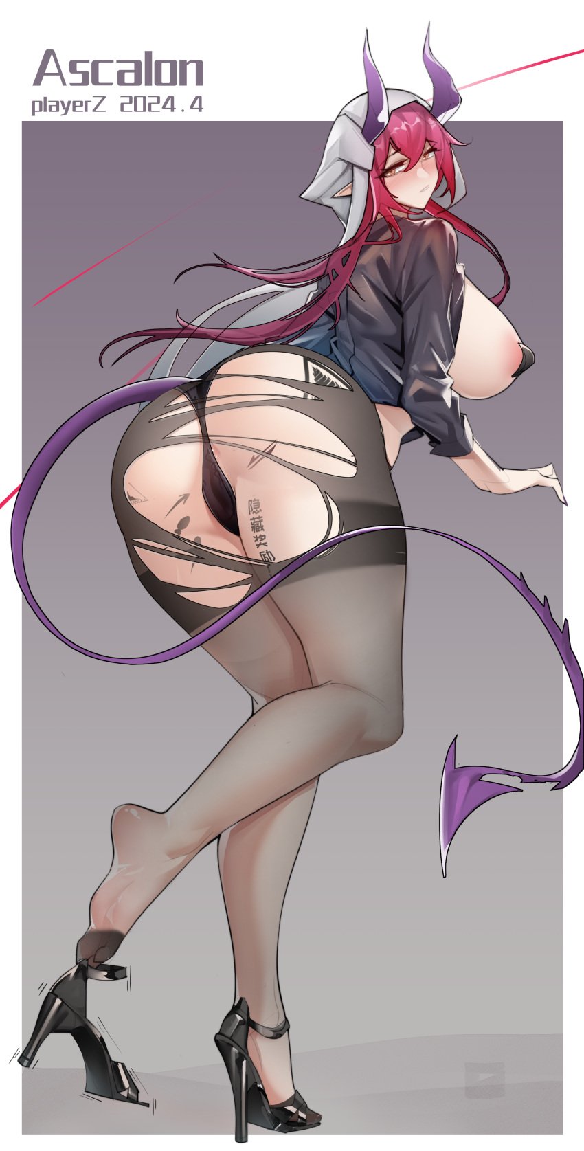 1girls 2024 arknights artist_request ascalon_(arknights) ass ass_focus big_breasts breasts breasts_out demon_girl hi_res horns light-skinned_female light_skin panties pointy_ears red_hair solo standing tail text torn_clothes torn_clothing