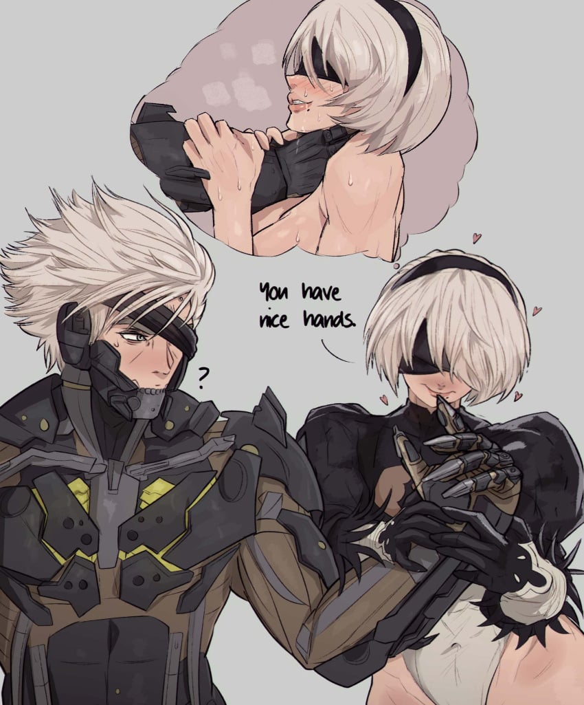 1boy 1girls big_breasts blindfold blindfolded blush breasts choking crossover english_text fantasizing female flustered gloves grabbing_hand heart male metal_gear metal_gear_rising nier nier:_automata nier_(series) raiden_(metal_gear) sweat tagme thick_thighs trait_connection white_hair wide_hips yoracrab yorha_2b