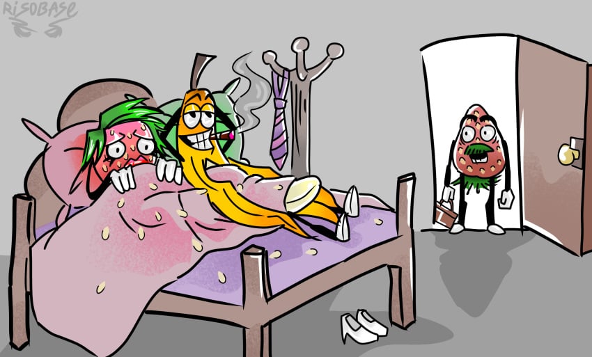 ashamed banana bed caricature cheating cheating_female cheating_wife cuckold cuckolded exotic fruit fruits funny happy humor humor_porn husband_and_wife husband_in_background inanimate lmfao meta_humor no_source official_art risobase room seeds shocked shocked_expression standing strawberry