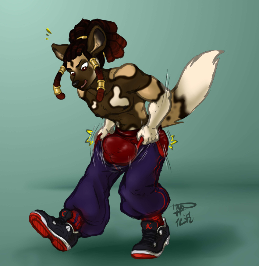 absurd_res african_wild_dog anthro balls_outline big_bulge biped bulge canid canine canis clothing detailed_bulge dreadlocks footwear furry genital_outline hair hanazawa hi_res male male_anthro mammal plantigrade shoes simple_background solo suprised_look tail wardrobe_malfunction yuma_(daiyo)