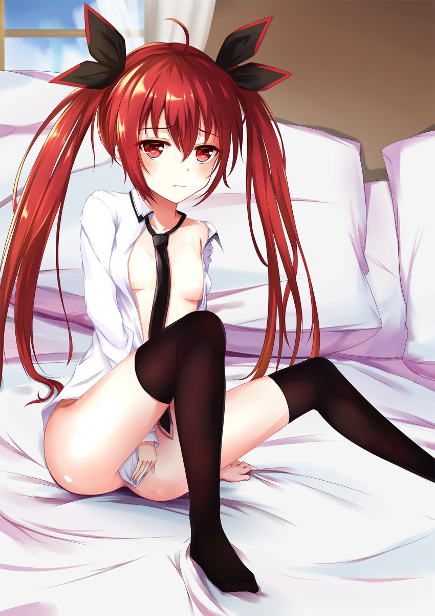 1girls bed bottomless breasts covering_crotch date_a_live itsuka_kotori naked_shirt no_panties red_eyes red_hair sad sitting small_breasts stockings teenage_girl teenager thighhighs tie twintails young younger_female