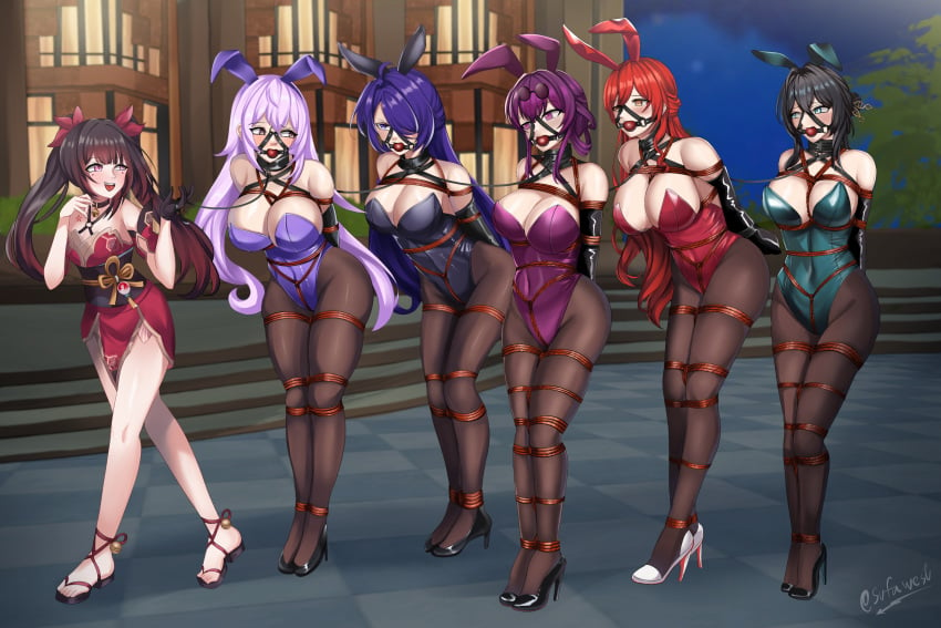 6girls acheron_(honkai:_star_rail) angry angry_expression angry_face annoyed armbinder arms_behind_back arms_bound arms_tied arms_tied_behind_back ass ball_gag bell bell_choker bell_collar big_ass big_breasts black_clothing black_eyes black_hair black_legwear black_leotard black_swan_(honkai:_star_rail) blue_eyes blue_hair bondage bound bound_ankles bound_arms bound_legs bound_together bound_wrists bunny_costume bunny_ears bunny_girl bunnysuit captured caught choker choker_bell coffle collar collar_and_leash crotch_rope dark_green_eyes defeated dominant dominant_female dominated dominated_female embarrassed female female_only femsub frown fully_clothed gag gagged gagged_female girl_only green_clothing green_eyes green_leotard hands_behind_back harem harem_girl harness_gag heel_boots heels hi_res high_heels high_resolution highres himeko_(honkai:_star_rail) holding_leash honkai:_star_rail honkai_(series) hoyoverse kafka_(honkai:_star_rail) large_ass large_breasts latex_suit laugh leash leash_and_collar leash_pull leashed_collar leather leather_clothing leather_collar leather_straps leggings legwear leotard long_black_hair long_blue_hair long_hair long_purple_hair long_red_hair looking_at_another looking_away looking_back looking_worried medium_ass medium_breasts mihoyo mole mole_under_eye multiple_girls narrowed_eyes pink_clothing pink_eyes pink_hair pink_leotard purple_clothing purple_ears purple_eyes purple_hair purple_leotard red_clothing red_dress red_eyes red_hair red_leotard red_rope resisting revealing_clothes rope rope_bondage ruan_mei_(honkai:_star_rail) size_difference slave slave_collar slavegirl small_ass small_breasts small_dom_big_sub small_waist smile sparkle_(honkai:_star_rail) submissive submissive_female sufawest sunglasses sunglasses_on_head tagme tease teasing tied tied_arms tied_hair tied_hands tied_legs tied_up twintails worried worried_expression worried_face worried_look worry yuri