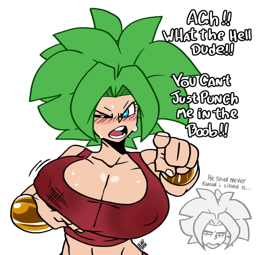 1girls big_breasts blindstash blue_eyes blush blush_lines cleavage dragon_ball dragon_ball_super dragon_ball_z female female_only green_hair huge_breasts kefla large_ass legendary_super_saiyan looking_at_viewer looking_back navel open_mouth pointing_at_viewer solo solo_female solo_focus super_saiyan super_saiyan_2 sweat talking_to_viewer text wide_hips