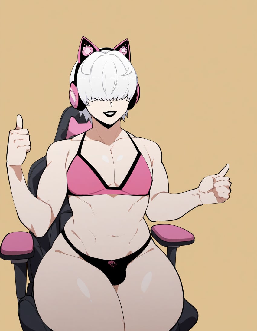 1boy 1male ai_generated black_lipstick black_panties bra bulge cat_headphones chair curvaceous curvy curvy_figure ethan_harry femboy feminine_male gamer gamer_boy gaming gaming_chair gaming_headset hair_covering_eyes headgear headphones lipstick male male_only nai_diffusion pale_skin panties penis_bulge sitting slut slutty_outfit smile stable_diffusion thick thick_ass thick_thighs thumbs_up white_hair whoram wide_hips